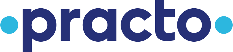 Practo logo with dark blue text and light blue dots on each side, symbolizing the healthcare platform used for doctor bookings, consultations, and hospital listings in India.
