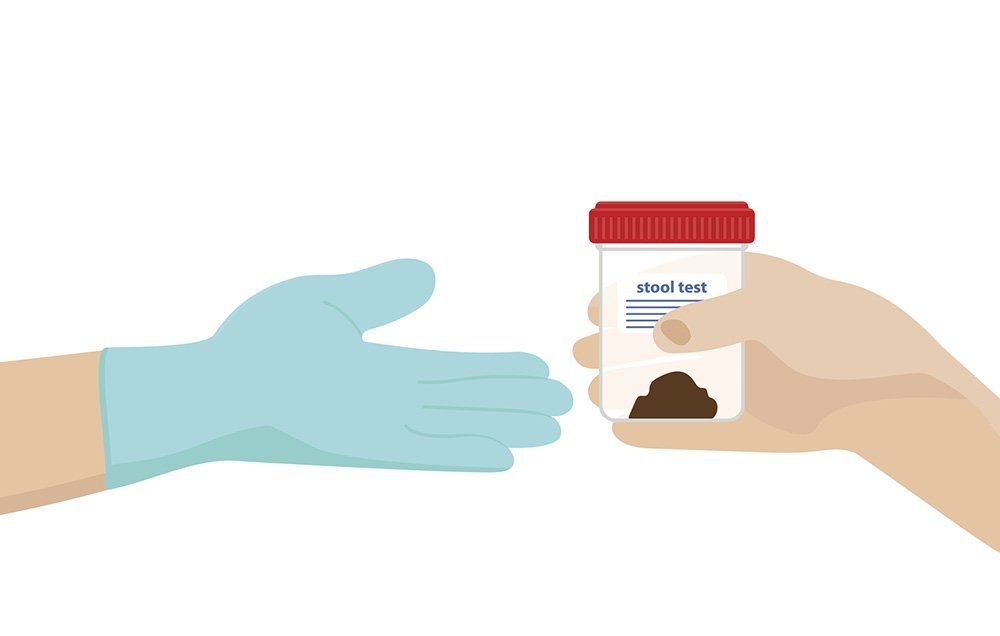 Illustration of a stool sample being handed over for testing.