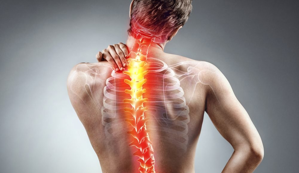 A human back with the spinal column highlighted in red, indicating pain or orthopedic issues.