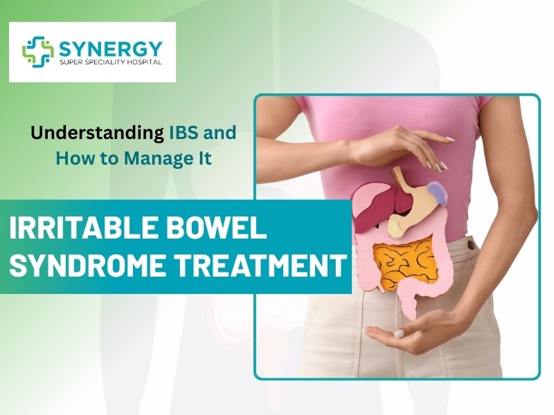 A woman holding an illustration of the digestive system, representing Irritable Bowel Syndrome treatment at Synergy Super Speciality Hospital, explained by Dr. Nivesh Seehra, Gastroenterologist in Bhopal.