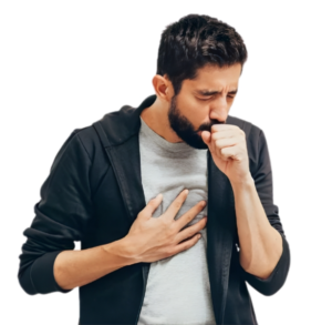 Man experiencing chest discomfort and coughing, indicating breathing problems requiring lung care treatment in Bhopal by a lung specialist.