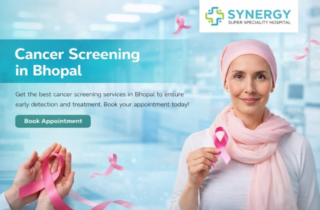 A promotional flyer for cancer screening services at Synergy Super Speciality Hospital in Bhopal features a smiling woman in a pink headscarf and shawl holding pink ribbons against a blue background with floating ribbons and the hospital logo. Bold text reads "Cancer Screening in Bhopal" and "Get early detection and treatment. Book your appointment today." A green "Book Appointment" button is at the bottom.