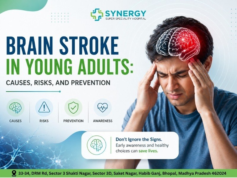 Young adult experiencing severe headache and stroke symptoms with brain illustration highlighting the importance of Brain stroke treatment in Bhopal at a trusted Neurology hospital in Bhopal.