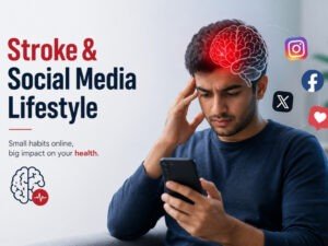 Young man using a smartphone with brain stress illustration highlighting the connection between stroke risk and unhealthy social media lifestyle habits.