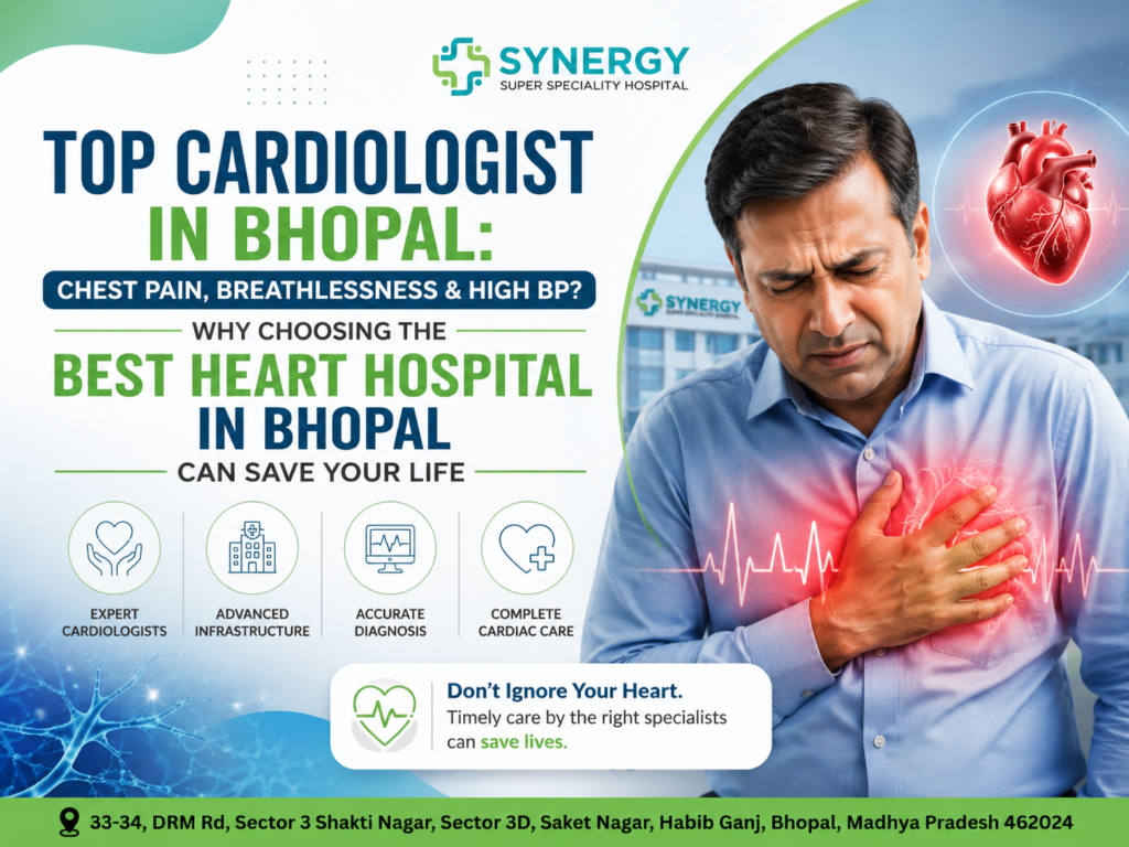 Cardiology awareness poster by Synergy Super Speciality Hospital in Bhopal highlighting chest pain, breathlessness, and high blood pressure as symptoms that may require cardiac evaluation. The poster features expert cardiologists, advanced infrastructure, accurate diagnosis, and comprehensive cardiac care.