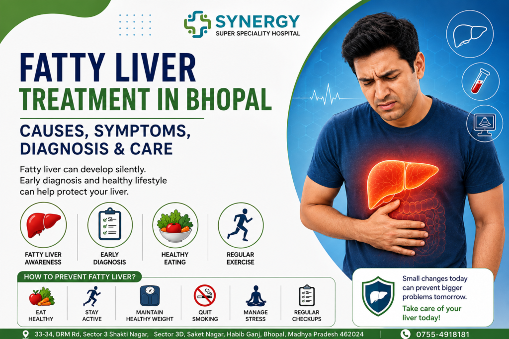 Fatty Liver Treatment in Bhopal infographic showing causes, symptoms, diagnosis, prevention, healthy eating, exercise, and liver care at Synergy Super Speciality Hospital.
