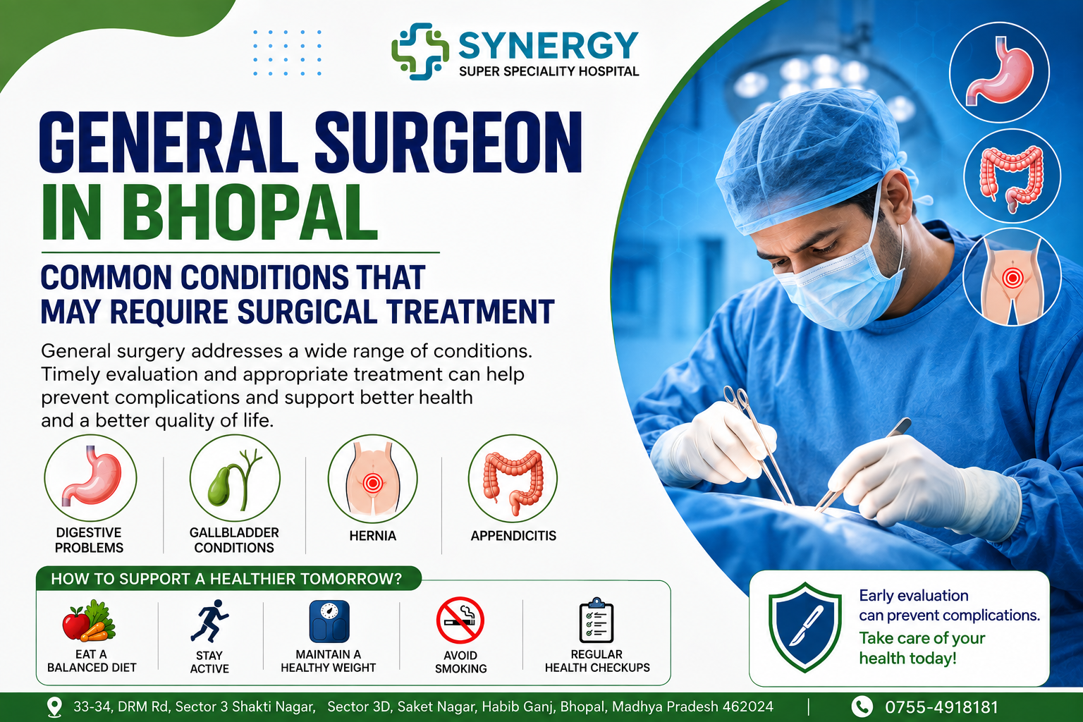 General Surgeon in Bhopal performing surgery for common digestive, gallbladder, hernia, and appendix conditions
