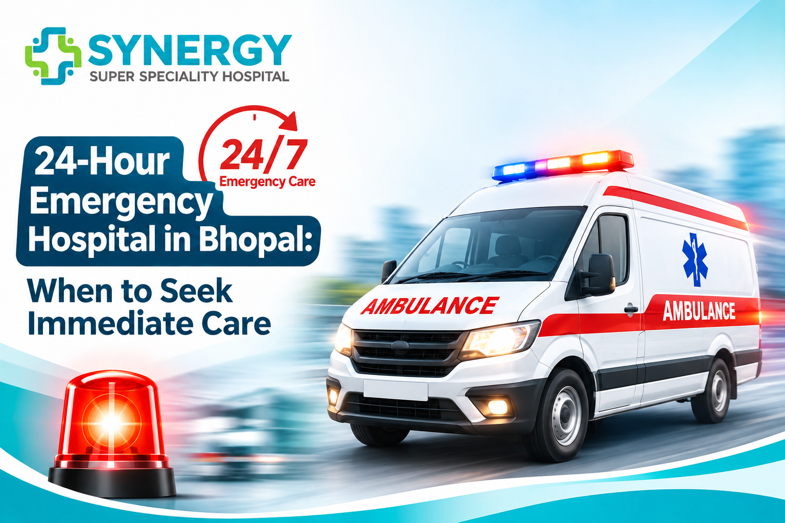 24-hour emergency hospital in Bhopal infographic featuring an ambulance and emergency warning light for immediate medical care.